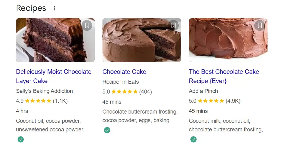 cake recipe result from google with structured data